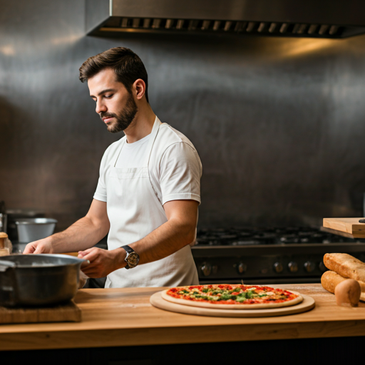 Pizzabäcker arbeitet in moderner Küche