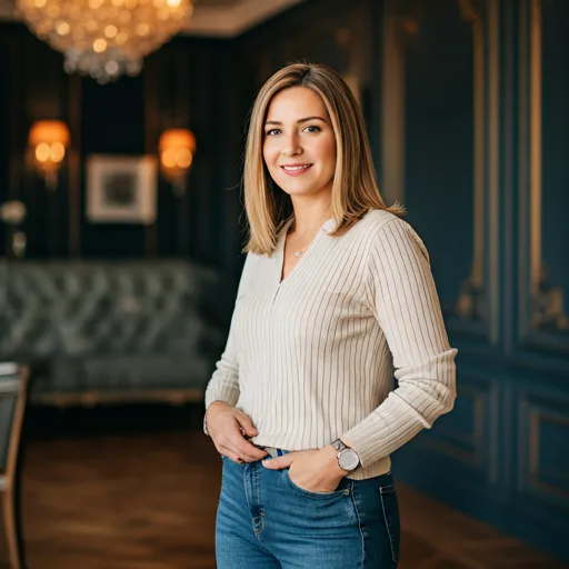 Professional woman in business casual attire with a friendly but authoritative expression, luxury real estate context.