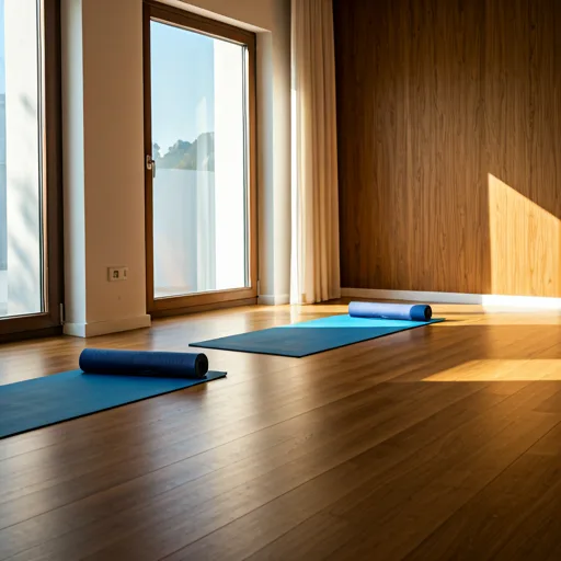 serene high-end yoga studio interior with minimalist wooden floors large windows streaming soft morning sunlight and neatly rolled yoga mats